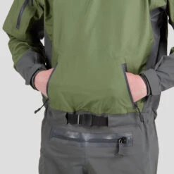 NRS Men's Spyn Fishing Dry Suit -Boating Equipment Store 22540 01 Olive Model KangarooPocket 060622 1000x1000 64667.1657738336